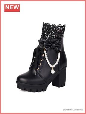 Gothic Platform Ankle Boots Lace Pearl Chain